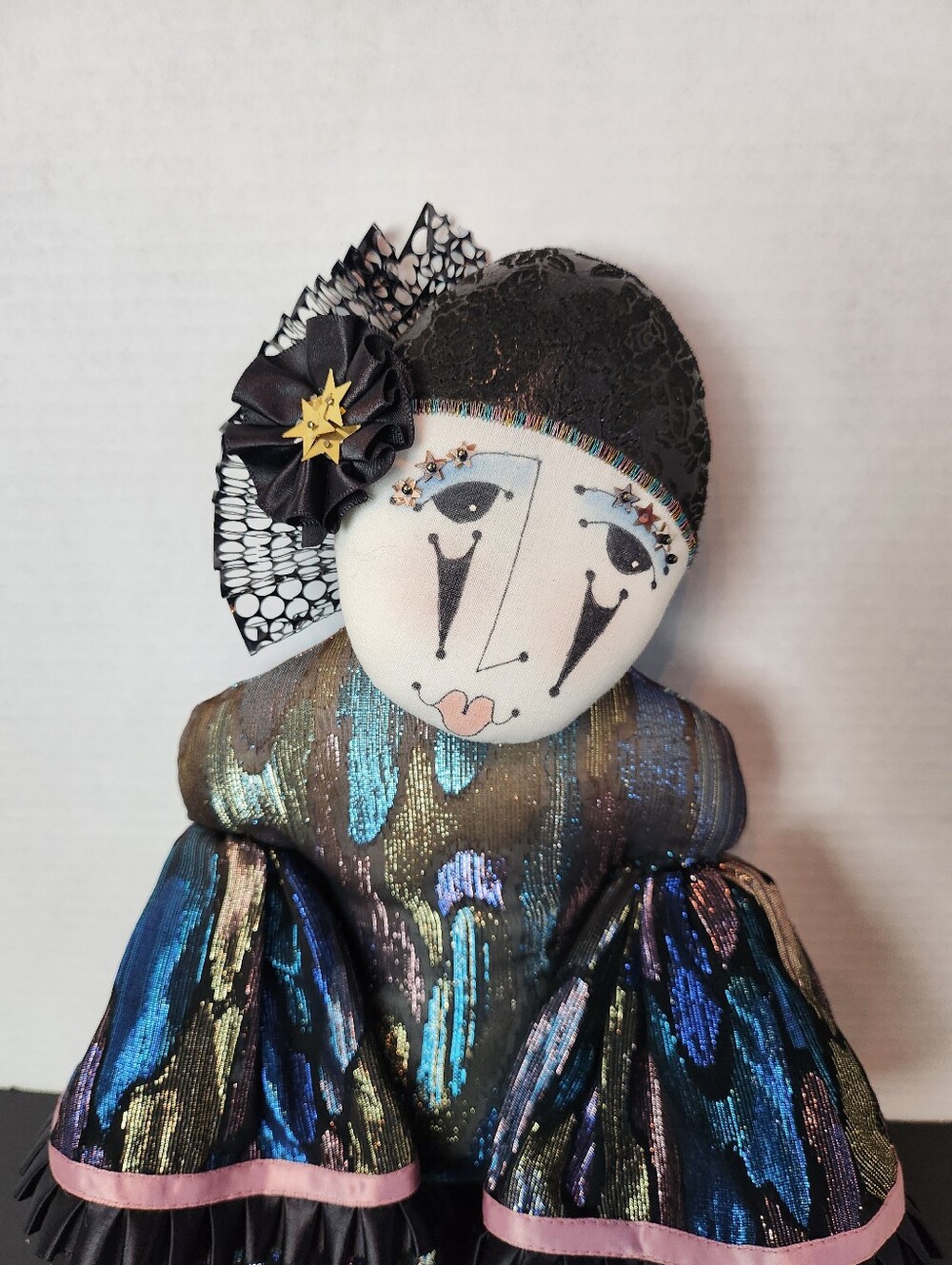Handmade Pierrot Harlequin Clown Art Doll Metallic Costume Vintage - Picture 2 of 11